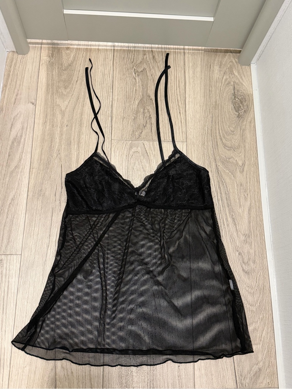 Sheer Black Lace Mesh Chemise / top with Adjustable Straps